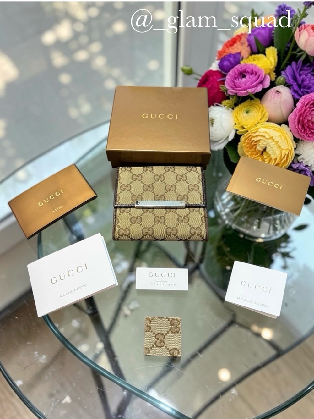 Gucci Beige GG Supreme Canvas Trifold Wallet with Silver Accents EUC